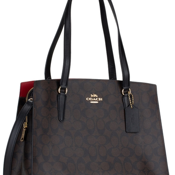 COACH C4075 TATUM CARRYALL TOTE BROWN SIGNATURE WITH BLACK LEATHER NEW WITH TAGS - Picture 4 of 12